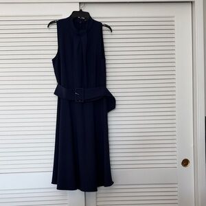 Tahari Navy Belted Midi Dress